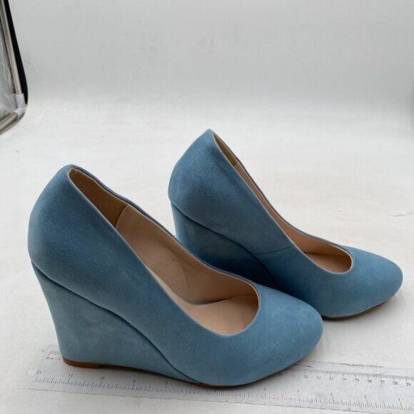 FOWT Women's Classic Wedge Pumps Basic Closed Almond Toe Thick High Heels Blue - Picture 4 of 8